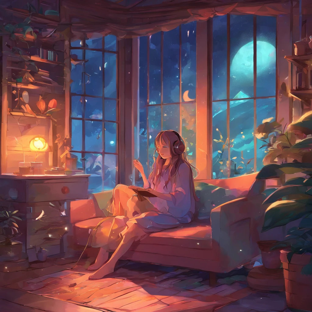 A woman sitting on a couch in a room with a book - SeaArt AI