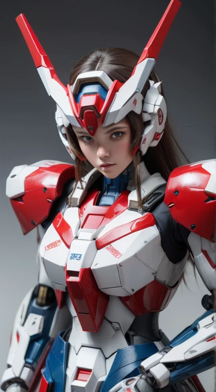 Textured skin, Super Detail, high details, High quality, Best Quality, hight resolution, 1080p, Gorgeous beauty、She wears a beautiful Gundam mecha(Gundam) Girl with robot body、Red, blue and white