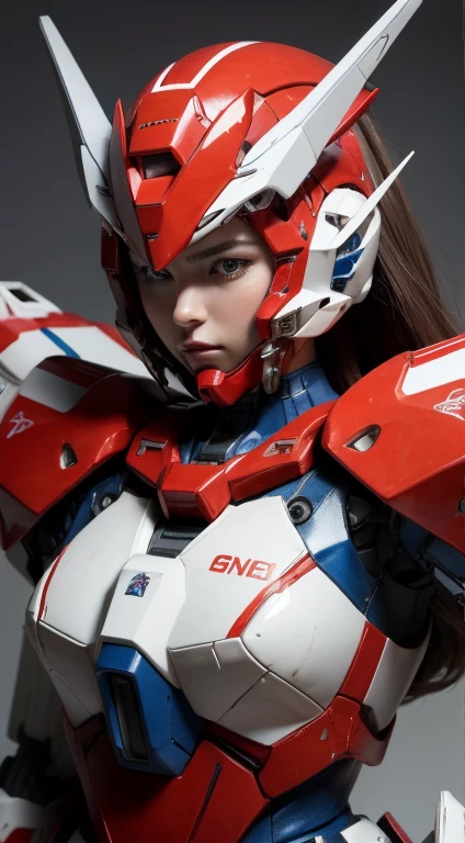 Textured skin, Super Detail, high details, High quality, Best Quality, hight resolution, 1080p, Gorgeous beauty、She wears a beautiful Gundam mecha(Gundam) Girl with robot body、Red, blue and white