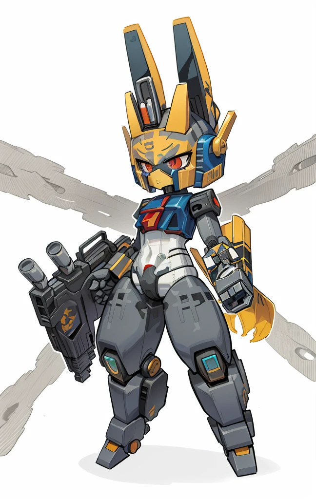 Transformers Optimus Prime as genshin character transforms into mechanical bunny, Cartoon image of robot rabbit holding gun, genshin style, droid, sci-fy,red and blue body,Very metallic