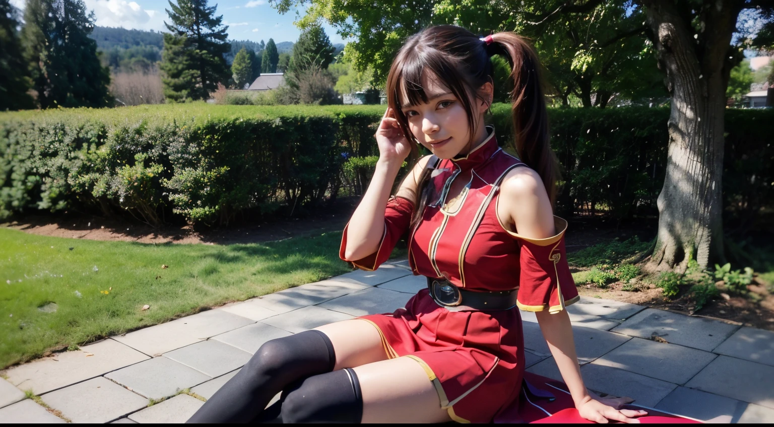 twin tail hair, (Photo:1.3), highdetail, Silica_ALO, solo, smile, sitting, head rest, grass, red dress, (acclaimed, alluring, captivating, exciting, gorgeous, striking:1.3), beautiful, (highly detailed, high quality:1.3)