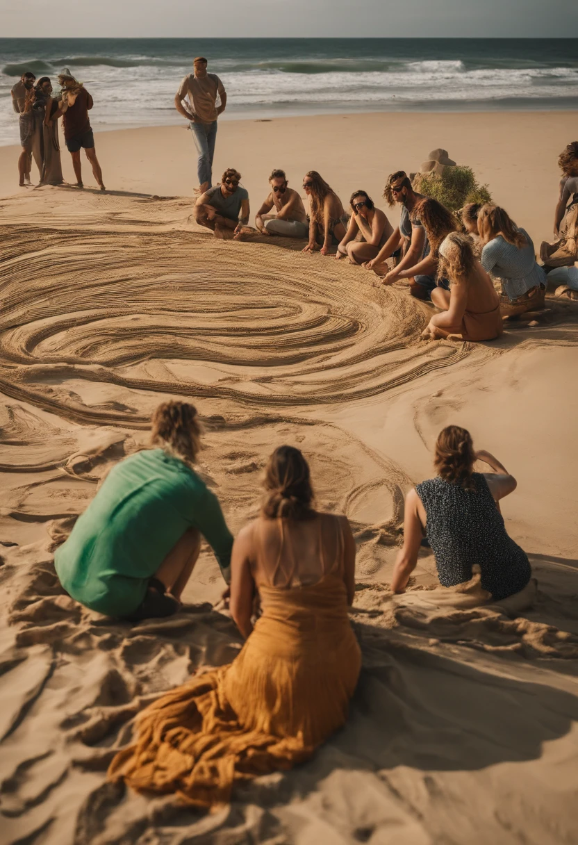 ButterflyEffect capturing a stunning shot of a group of artists creating a massive sand art installation on the beach.,original,ButterflyEffect has long hair and wire rim glasses. He has a hook nose and bright green eyes.