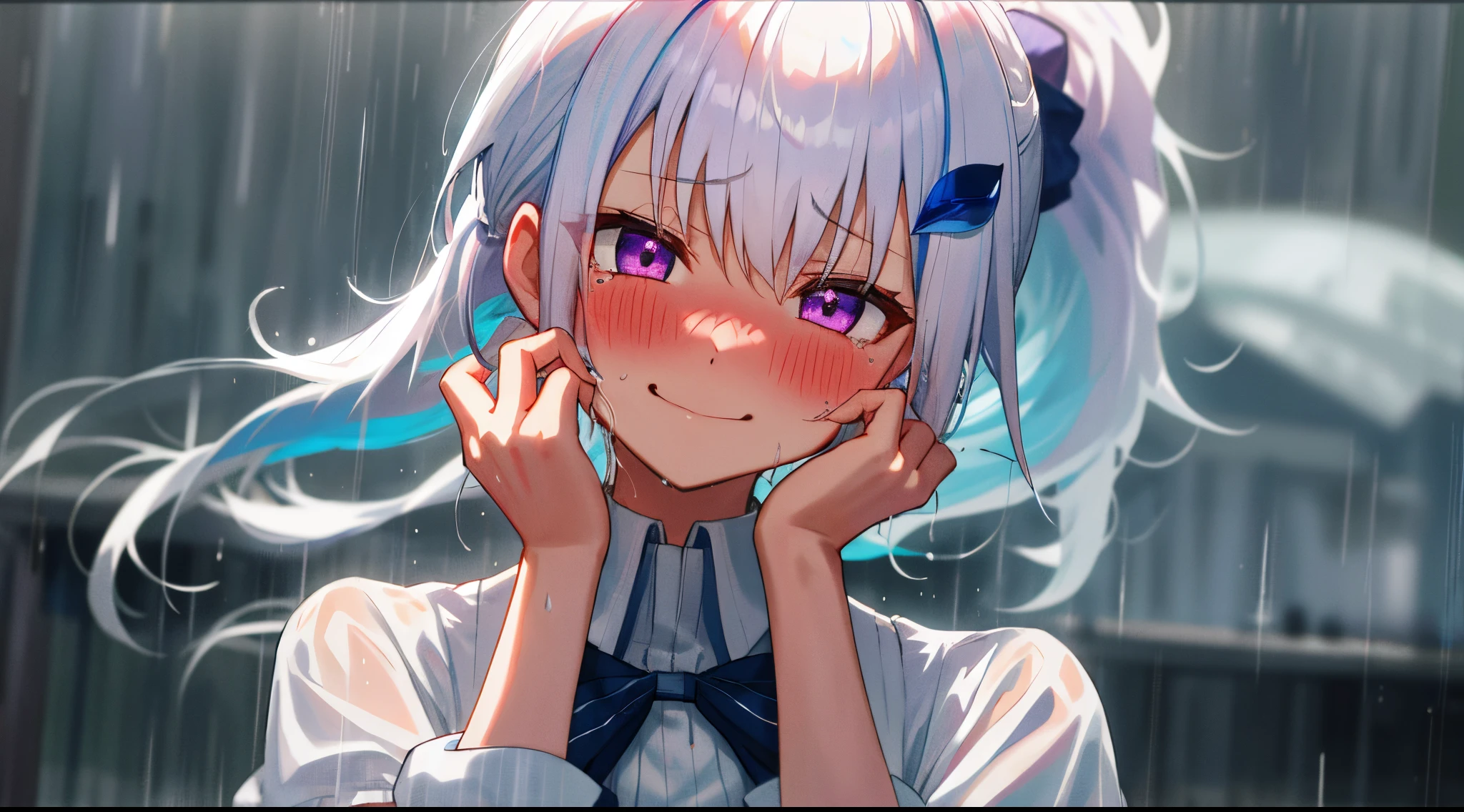 One girl with ponytail hair, bangs, white hair, blue inner hair, purple eyes, looking at viewer, blushing, embarrassed, little smile, tears, white shirts, upper body, rainy atmosphere, hair ornament, hands in face, wet hair, overcast