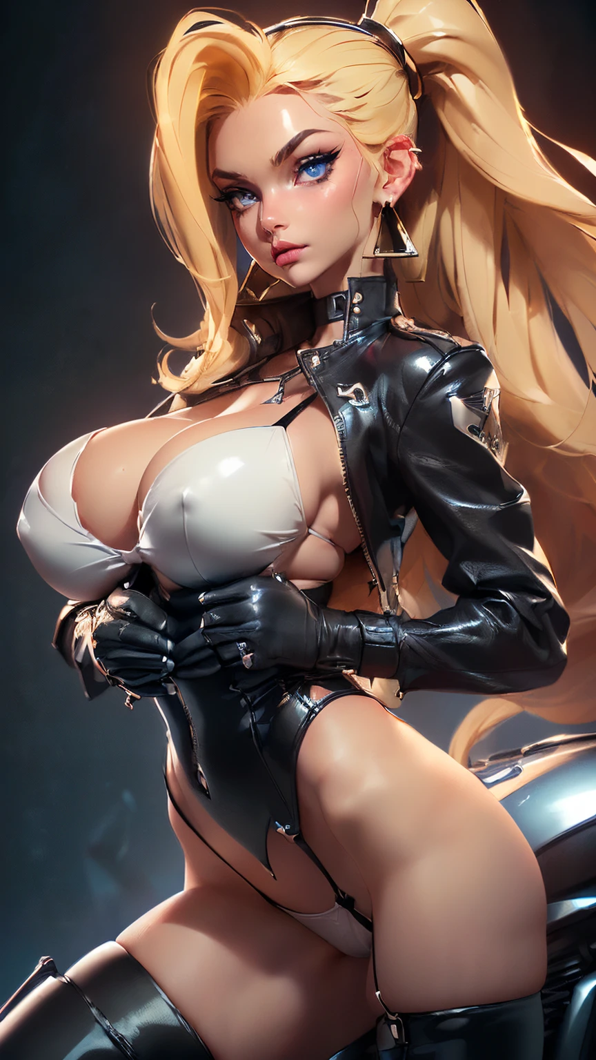 (((Complete body shot, full body posing, full body, full body)))((sexy tall norwegian supermodel)) ((beautiful face)) (red lipstick) (very dark eyeshadows make up)) ((big bright blue eyes)) ((very long messy light blonde hair)) ((pale skin)) ((very huge breast:1.5)) ((perfect slender body torso1.3)) ((wears fantasy black leather jacket and black leather tiny string micro thong bikini)) (((sunglasses, long black high heel boots and gloves))) ((choker, earrings)) ((sexy posing riding chopper motorcycle)) ((beauty supermodel inside dark photo studio with lights reflectors on her))(high resolution, dynamic shadows)((photorealistic:1.5)) ((masterpiece:1.3)) (8k) (perfect face) ((best quality:1.4)) (perfect hands and eyes)