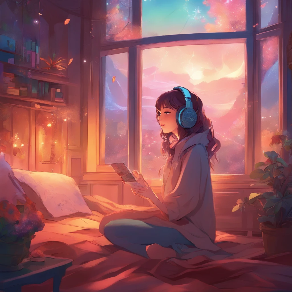 Girl listening to music in cozy room at night, Use headphones, 2D style anime, lo fi, Rain outside the window、Analog Color Theme、ghibuli style、