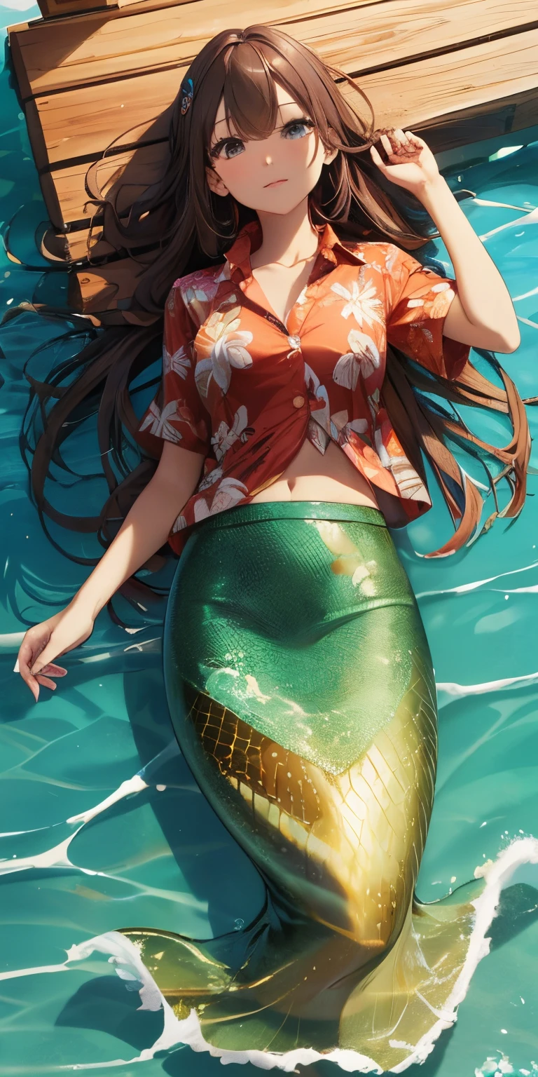 top-quality、Top image quality、masterpiece、mermaid。Brown skin。Aloha shirts。