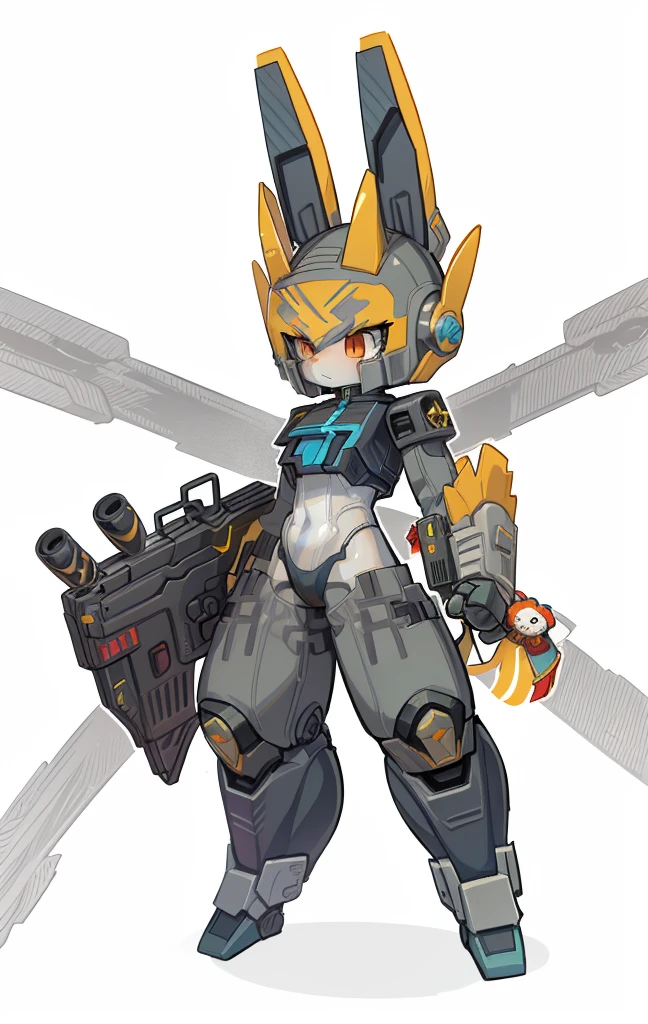 Transformers Optimus Prime as Genshin Impact transforms into mechanical rabbit, Cartoon image of robot rabbit holding gun, Genshin style, droid, sci-fy，red and blue body，Very metallic, Rounded head