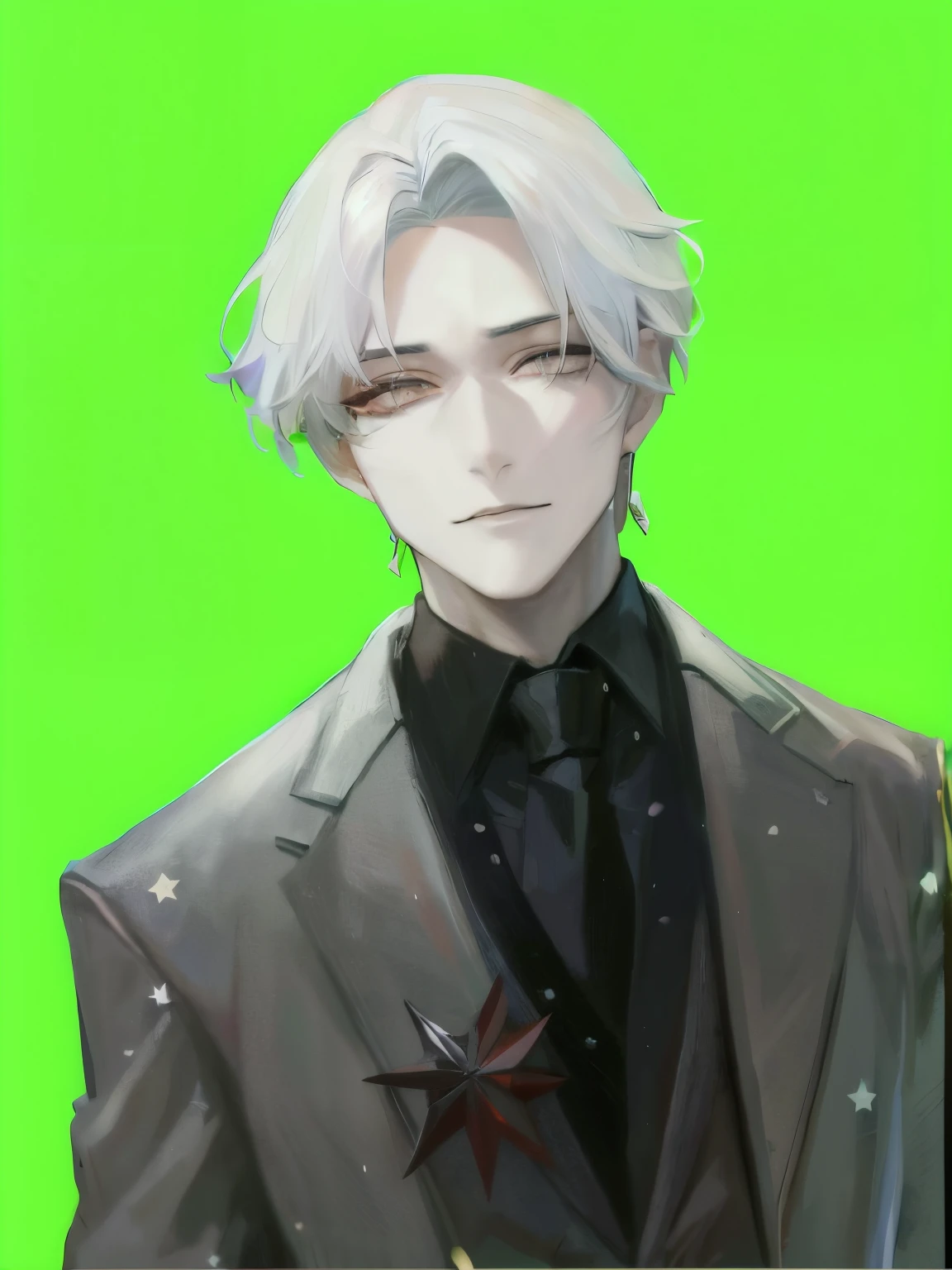 Anime man with white hair and black tie and stars, nffsw, made with anime painter studio, white  hair, silber hair, he has dark grey hairs, Anime portrait of a handsome man, beautiful androgynous prince, painted in anime painter studio, white  hair, Handsome Anime Pose, inspired by Yanjun Cheng, delicate androgynous prince, White-haired、4K picture quality