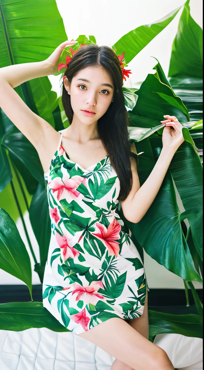 Photorealsitic、reallistic、Raw photography、masterpiece、top-quality、hight resolution、illustratio
((Tropical beaches、Hibiscus Print Dress)、Skinny bat、Skinny Legs、
1girl in、Random hairstyles、Slim Leg、delicate and pretty、face perfect、beautidful eyes、Chromo-white skin、Real Human Skin、pores、