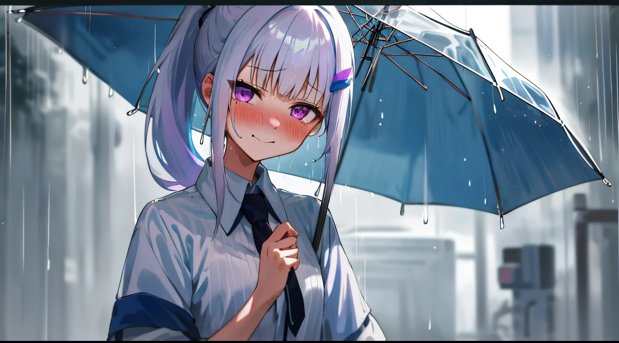 One girl with ponytail hair, bangs, white hair, blue inner hair, purple eyes, looking at viewer, blushing, embarrassed, little smile, tears, white shirts, upper body, rainy atmosphere, hair ornament, wet hair, overcast