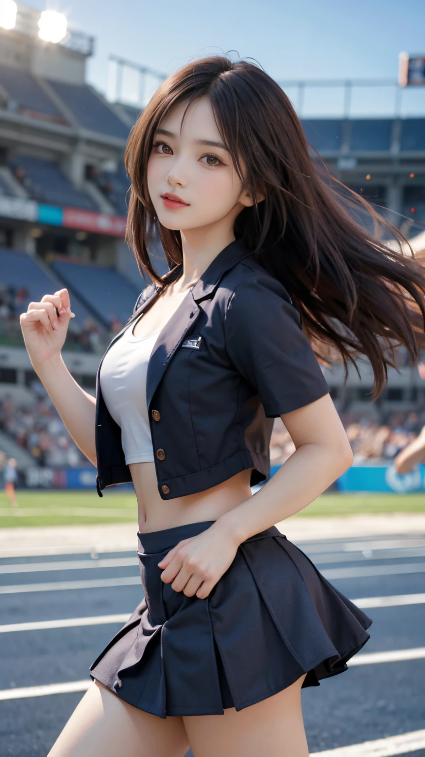 4K Ultra HD, tmasterpiece, Best quality at best, one-girl, Sports Girl, Happy, Good face, ssmile, A detailed eye, detailed lips, Very long hair, Multi-color flowing hair, slim, Body sweating, mediuml breasts, Firm abs, Willow waist, blue attire, short- sleeved, short crop top, Open the jacket, Black jacket, a skirt, dark shadow, bright sun, natta, sun light, Stadium Background, running pose,