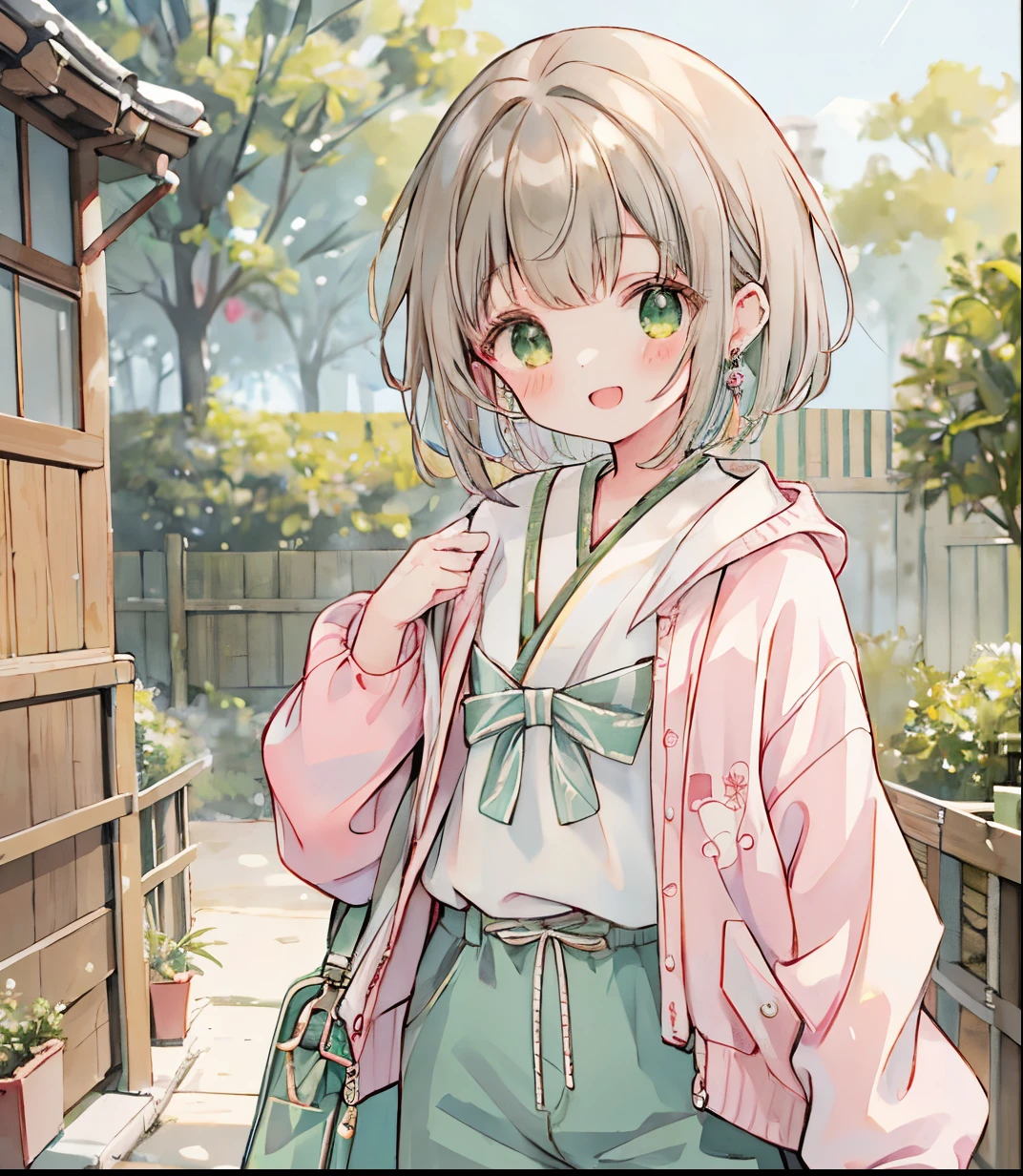 absurderes, hight resolution, (Anime style:1.1), ((masutepiece)), ((Best Quality)), (Ultra-detailed), (Beautiful),Beautiful face、(liftup), s、Brown hair、((bob))Active girls、Yangkya、Silver jacket、short trousers、耳Nipple Ring、Beautiful earrings、Green earrings、Sparkling earrings、Background green、with light glowing、a smile、wide open mouth