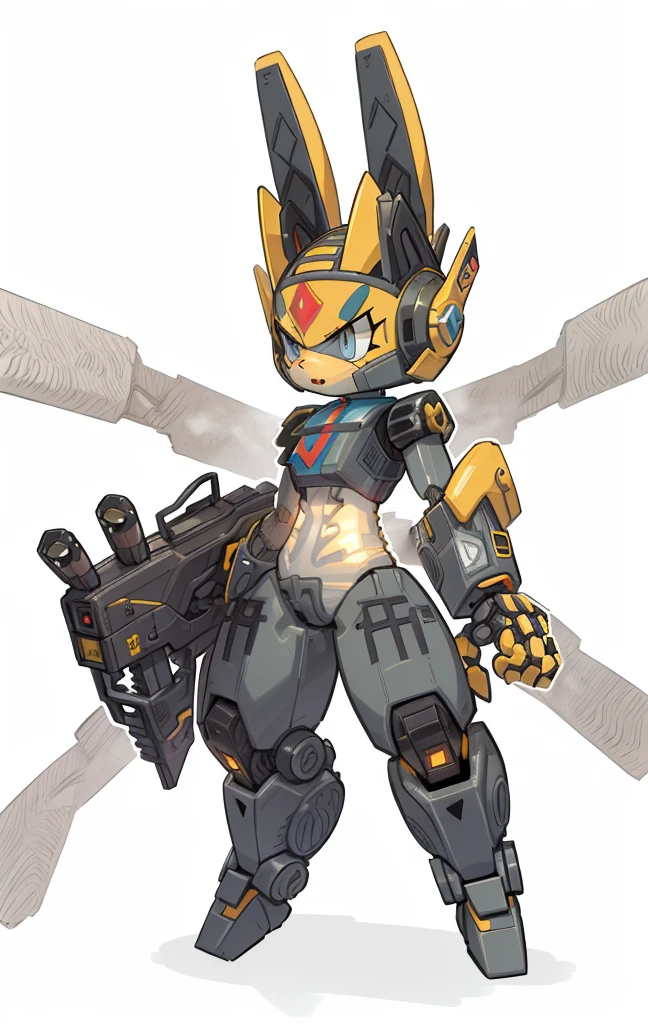 Transformers Bumblebee as Pokémon character transforms into mechanical bunny, Cartoon image of robot rabbit holding gun, Pokémon style, droid, sci-fy