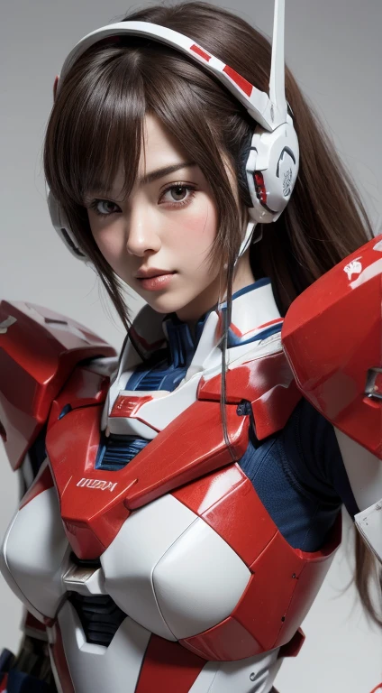 Textured skin, Super Detail, high details, High quality, Best Quality, hight resolution, 1080p, Gorgeous beauty、She wears a beautiful Gundam mecha(Gundam) Girl with robot body、Red, blue and white ,Ichika Matsumoto AV,