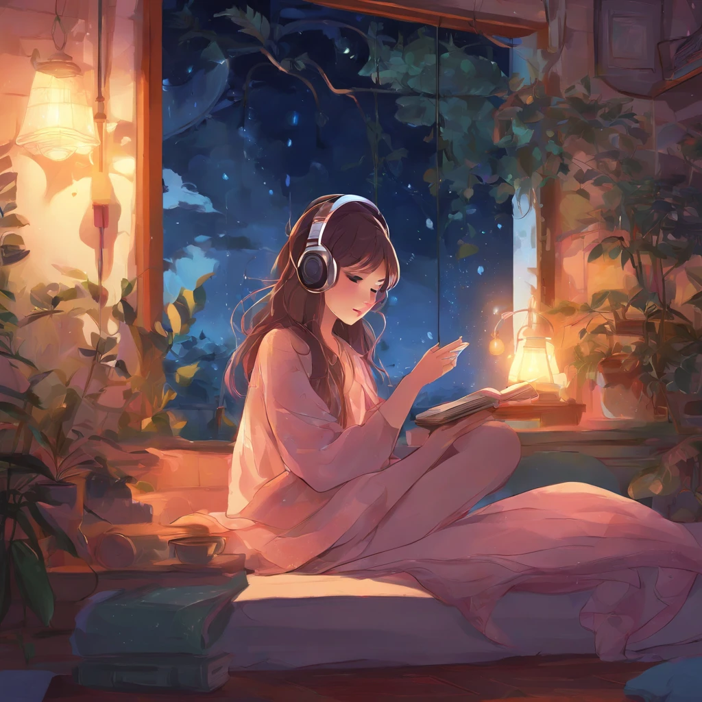 Girl listening to music in cozy room at night, Use headphones, 2D style anime, lo fi, Rain outside the window、Analog Color Theme、ghibuli style、