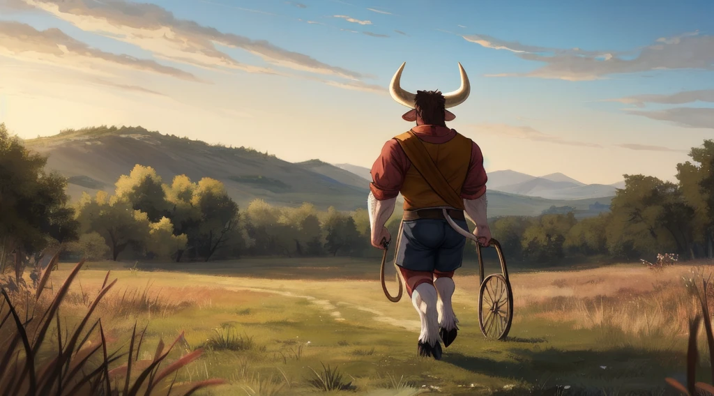 an anthropomorphic bull is pulling a four-wheeled cart across a grassy field during the day, ((solo, walking, pulling, looking ahead)), male, ((anthro, bull-man, medium-length horns, bovine tail, muscled body, hooves, two-tone fur, brown and white furred body)), calm expression, green eyes, (loose tan medieval shorts), grasslands background, small village background, grand-sized tree in background