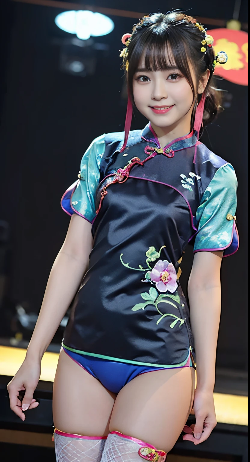 a closeup, masterpiece, top-quality, FULL ANATOMY、Raw foto, Photorealsitic、(Cute little face:1.8)、(Very cute smile:1.7)、(with round face:1.7)、(She has a cute face like an idol:1.7), A dark-haired、(Colorful cheongsam:1.7), depth of fields, hight resolution, ultra-detailliert, finely detail, ighly detailed, extremely detailed eye and face, Realistic pupils, foco nítido, Cinematic lighting、18-year-old woman、(One lady、独奏:1.3)、 poneyTail、curlyhair、Very detailed 8k wallpaper、Show me your whole body、(fishnet tights、Panties are visible)、is standing、Angle from below、(Thigh close-up:1.4)、Nice figure、Clothes with emphasized chest bulge、depth of fields、Bokeh in the background