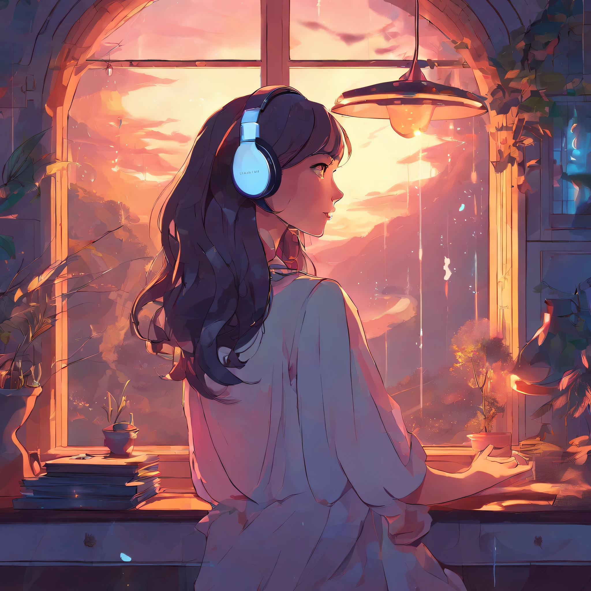 Girl listening to music in cozy room at night, Use headphones, 2D style anime, lo fi, Rain outside the window、Analog Color Theme、ghibuli style、