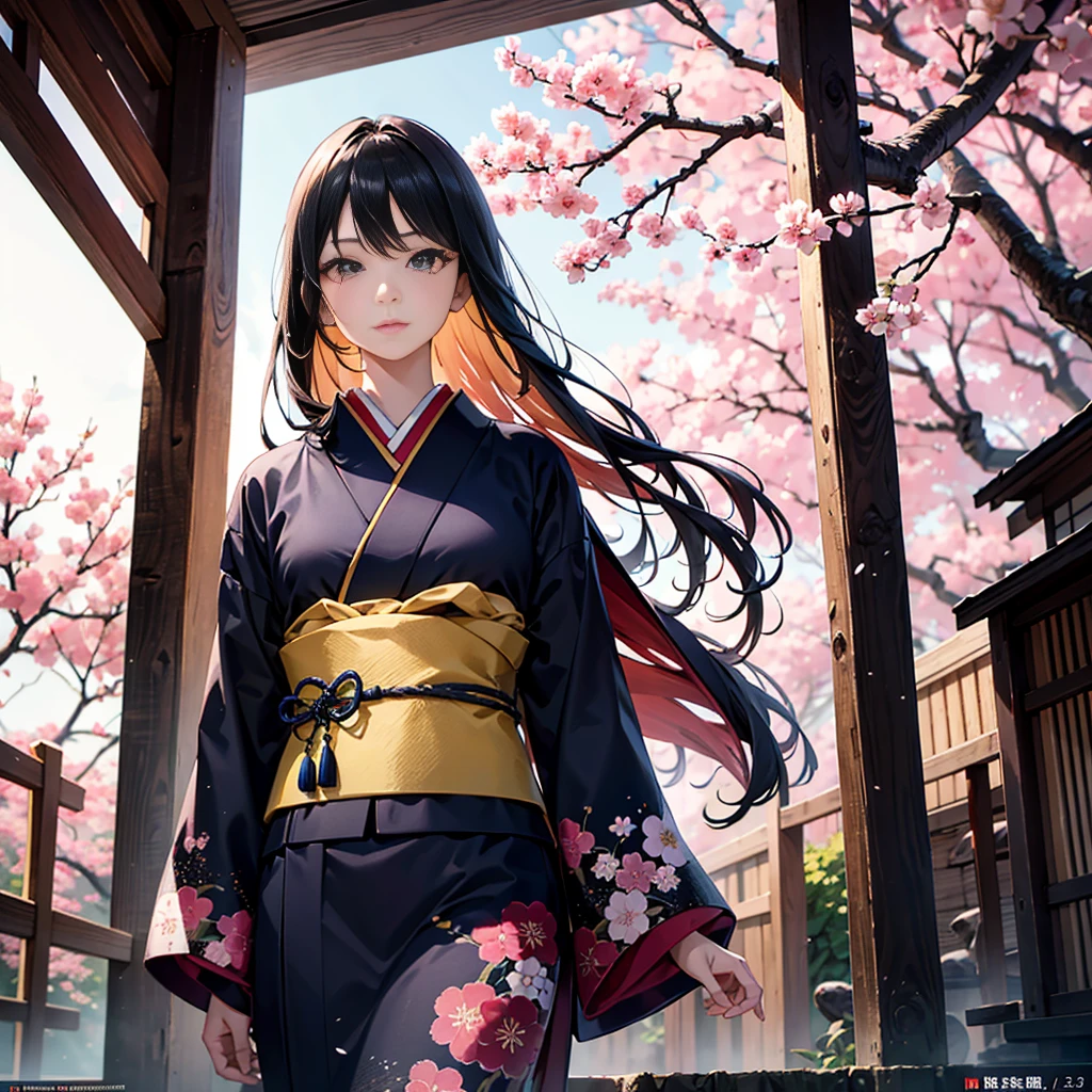 a girl,storm god,thunder god,japanese traditional kimono,beautiful detailed eyes,beautiful detailed lips,extremely detailed eyes and face,long eyelashes,hair flowing in the wind,serene expression,standing in a lush garden,with cherry blossoms in full bloom,falling petals creating an ethereal atmosphere,sunlight filtering through the trees,casting a warm glow,traditional wooden architecture in the background,hints of red and gold,adding richness to the scene,best quality,4k,8k,highres,masterpiece:1.2,ultra-detailed,realistic,photorealistic:1.37,portrait,traditional japanese art style,vivid colors,subtle color palette,soft natural lighting