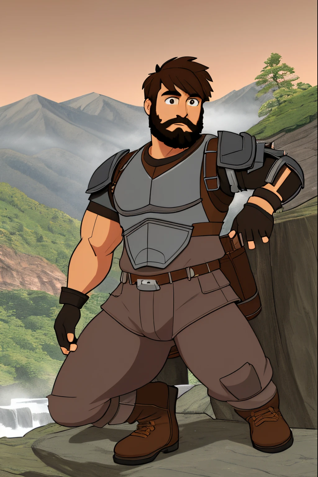 close up 1man in, bearded, Solo, brown hair, messy brown hair, short hair, dark eyes,  taned skin, heavy set, big boned, strong, thick body, manicured beard, grey strip in beard, detailed skin, neutral face, (wearing Hunter armor, leather pants, van braces, big boots, fingerless gloves: 1.1), (relaxed: 1.22), (detailed mountainous background:1.1), valley, overlooking waterfall, 4k textures, soft light, elegant, highly detailed, sharp focus, soothing tones, insane details, intricate details, hyperdetailed, low contrast, exposure blend, hdr, faded