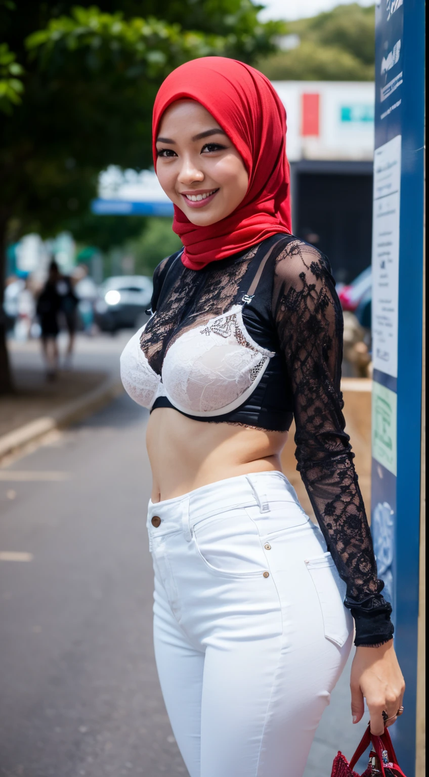 1 malay woman in hijab,((tight white high waist pants and red lace bra)),(Small buttocks),Emphasize ass,Smaller chest,Clothes are sheer,Smiling smile, (hijab flying), de pele branca,big breasts thin waist, hongkong style street, Hyper-Realism, Cinematic lighting, depth of fields, From below, vanishing point, F/2.8,  Anatomically correct, Textured skin, Super Detail, awardwinning, Best Quality, hight resolution,