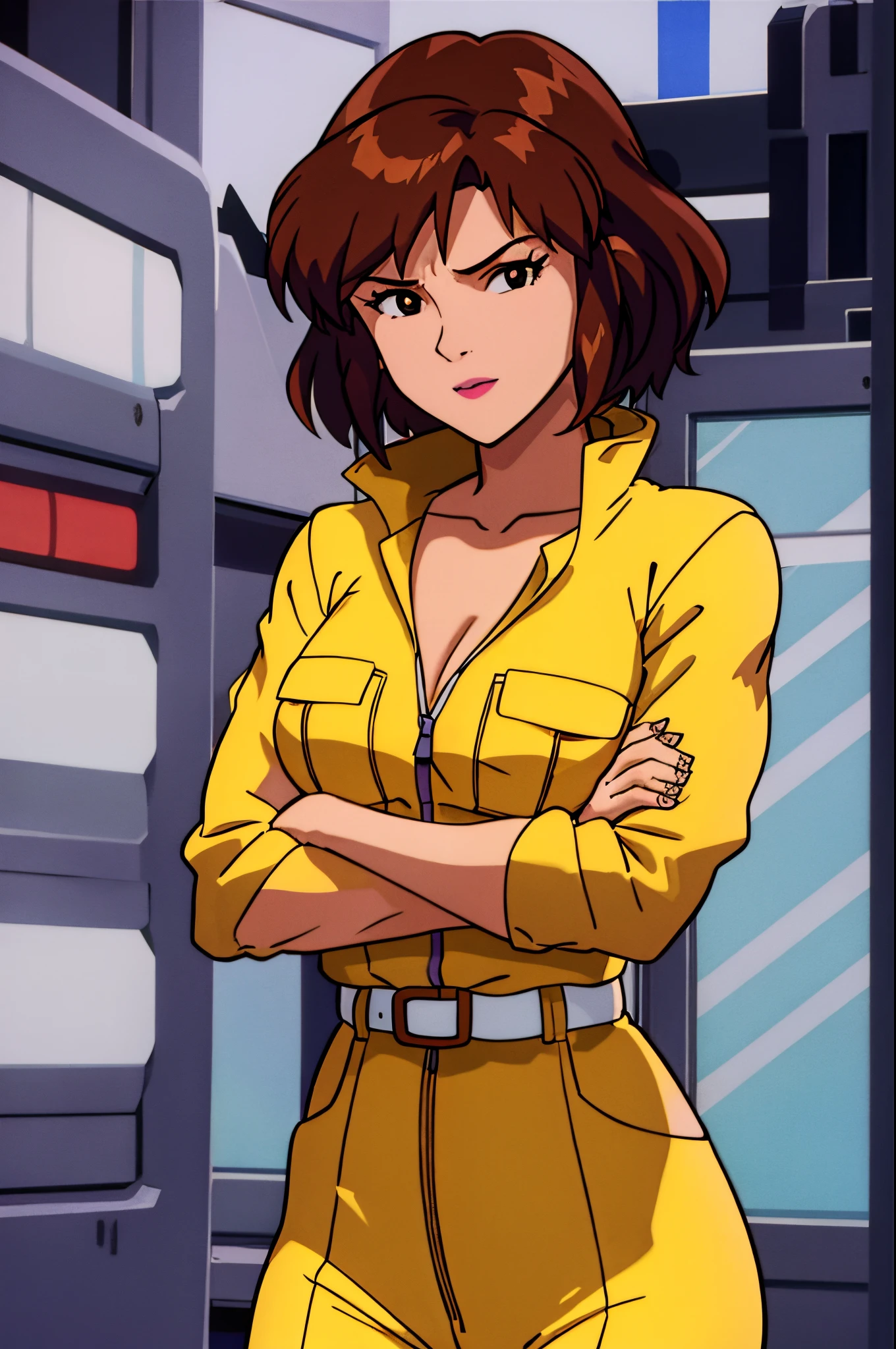 straight-on, upper body, solo, BREAK 
CARTOON_April_ONeil_TMNT_ownwaifu, www.ownwaifu.com,
brown hair, short hair, breasts, brown eyes, large breasts, lips, makeup, collarbone, lipstick, 
cleavage, sleeves rolled up, yellow jumpsuit, watch, unzipped, zipper, white belt, 
  (masterpiece:1.0),(best_quality:1.0) evangelion anime style, anime screencap, 1990s_\(style\)