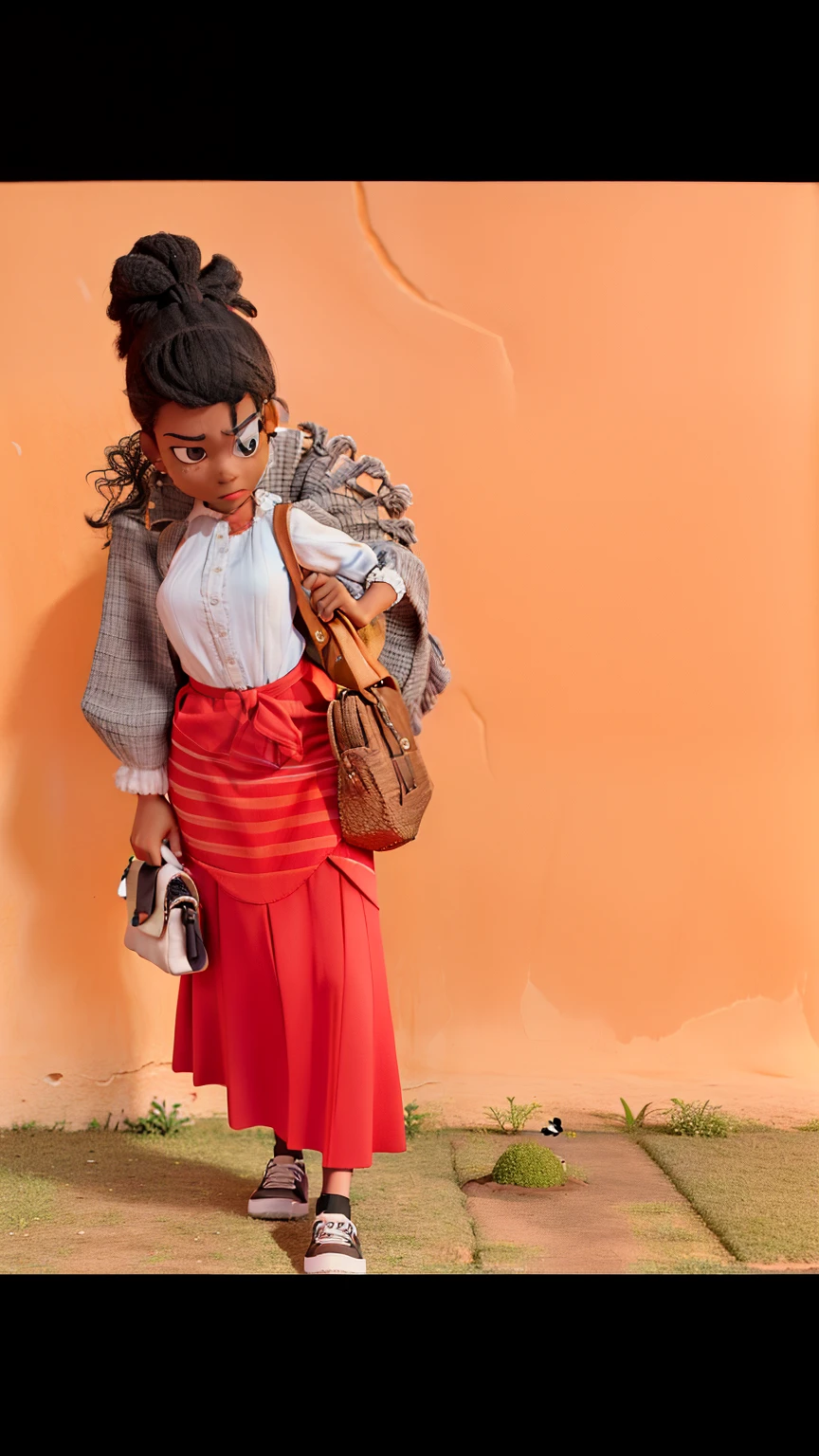 A black girl facing down tie her back knot which is black and it's her natural black hair. She is caring her small hand bag on the right side wearing a white vest and a reddish long skirt with a anklelace and black shoes, she is leaning against the pinch wall, she's pixar disney 3D animated characters