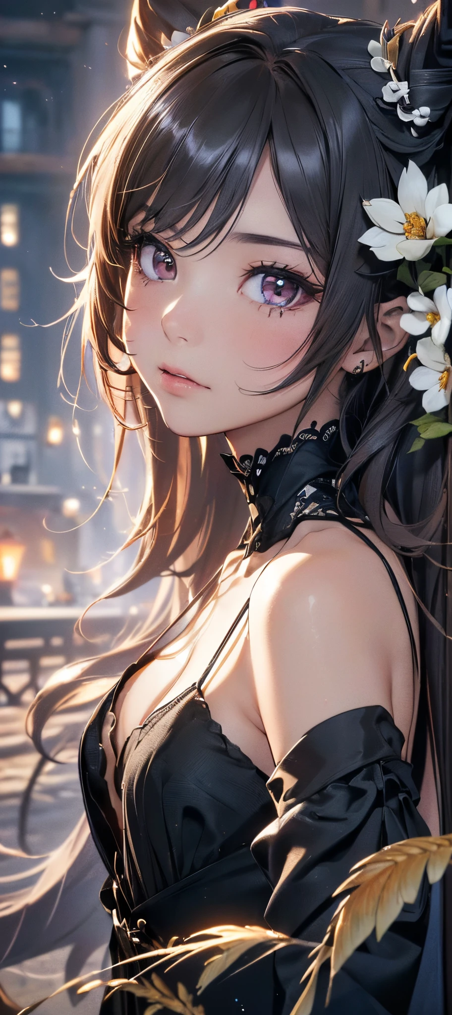 (((8k wallpaper of extremely detailed CG unit:1.2, ​masterpiece, hight resolution:1.2, top-quality:1.2, masterpiece))), ((a very beautiful woman, Camisole, Wearing a blouse)), ((extra detailed face, Highly detailed black eyes, extra detailed body, Top quality real texture skins)), (A dark-haired, The long-haired, de pele branca, Small:1.2, Exposed cleavage:1.2), ((Walled:1.2, Alley without people)), (high-angle:1.2, a closeup, Fisheye:1.4), hyper Realistic, digital painting,