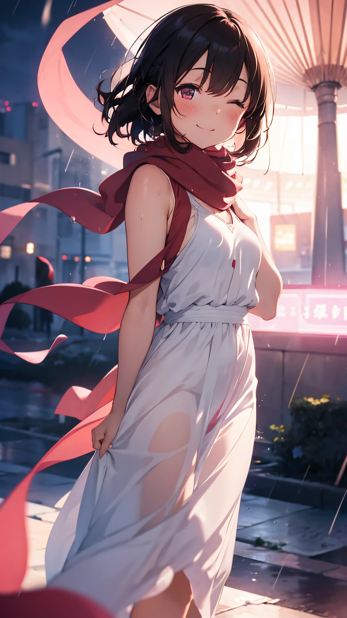 1 girl, glowing, white long dress, pink outer, Red scarf, black short hair, blush, night city background, glowing, dark, glow in the dark, brown hair, smiling, eyes closed, rain, raindrop,