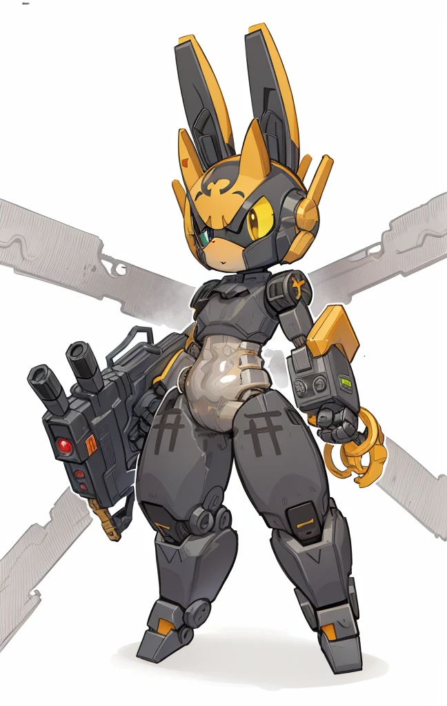 Batman transforms into mechanical rabbit, Cartoon image of robot rabbit holding gun, cartoonish style, droid, sci-fy