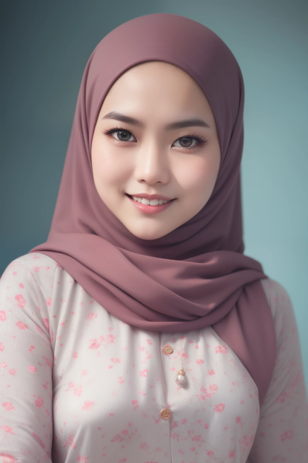 Malay girl in hijab wearing sexy red color pajamas portrait photography, mid shot photo, ultra detail, professional photograph with professional lighting, smile, light blue studio background, sexy seducing pose, slim