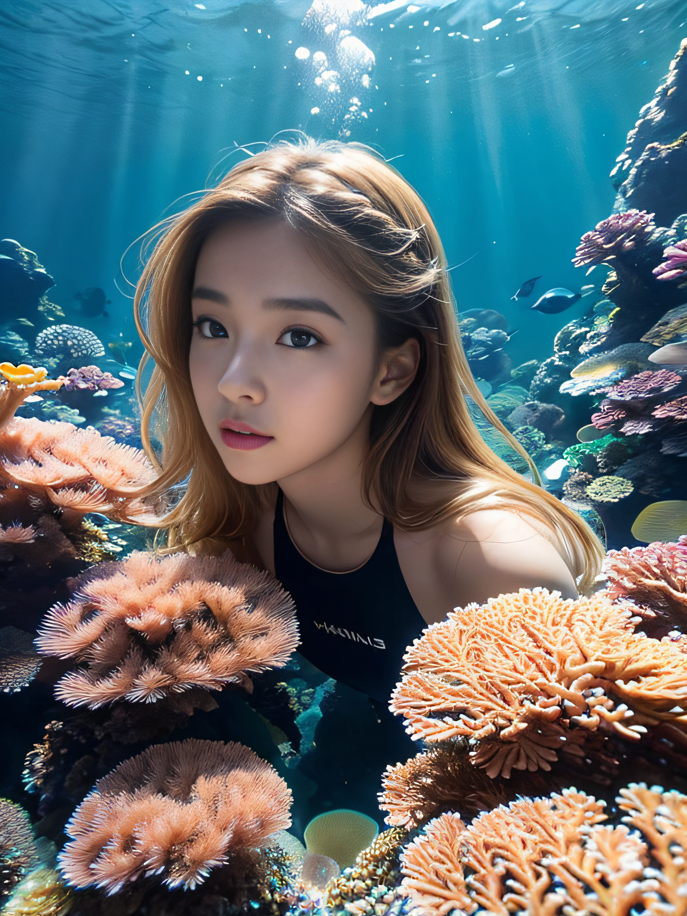 beautiful young woman scuba diving (Young girl,  19 :1.1),underwater scenery,depth of the ocean,beautiful detail eyes,Beautifully detailed lips,sparkling scales,colorful hair flowing,Magical underwater light,Calm and peaceful atmosphere,Peaceful underwater kingdom,Dreamlike setting,Floating algae and corals,Interesting marine life,bright,Natural sunlight shining through the water,Rainbow jellyfish dancing around,Legendary and mysterious aura.