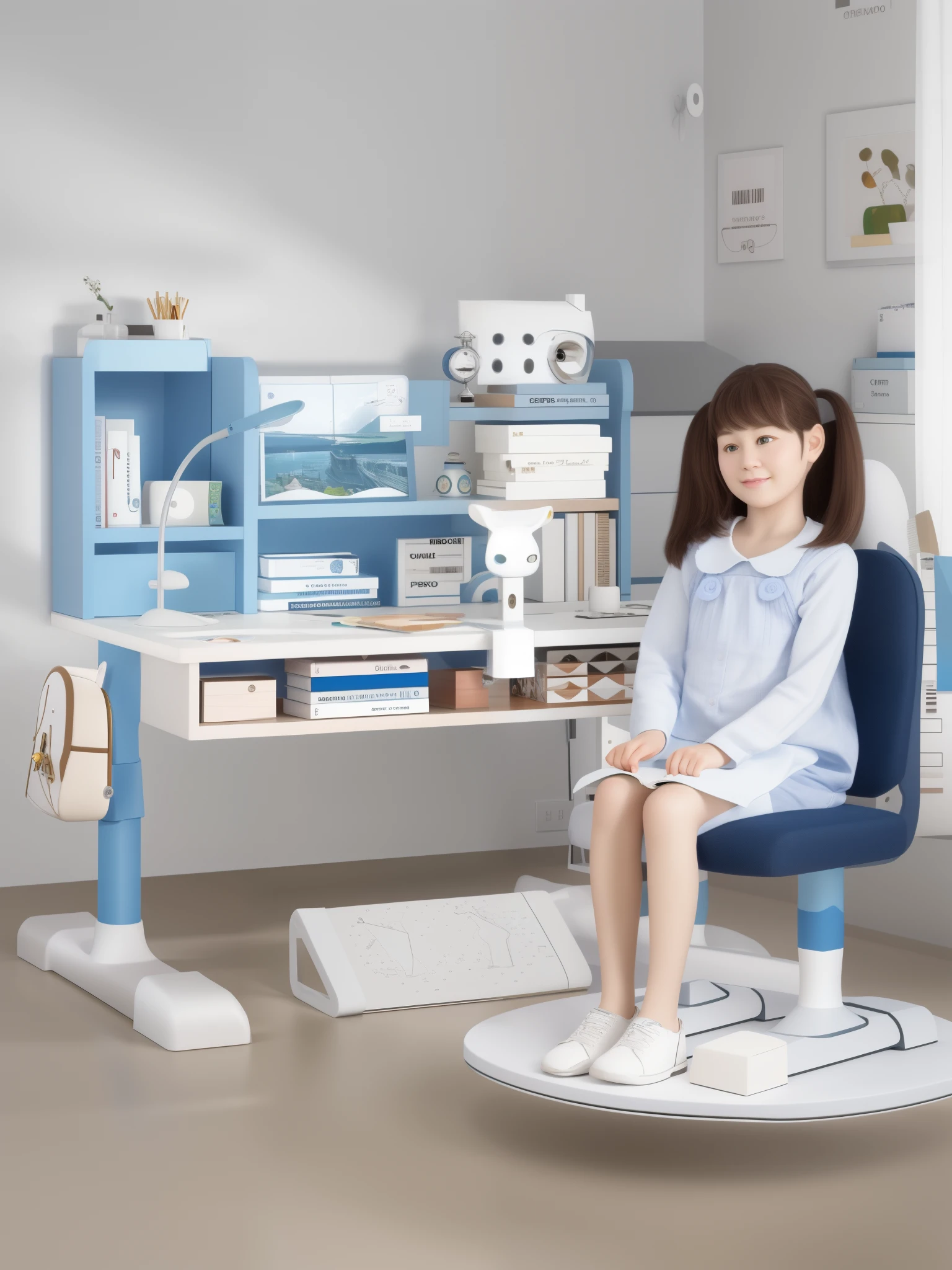 There is a young girl sitting on a blue chair in the room, 3d product, studyng in bedroom, The complete theme is shown in the figure, pupils, product introduction photos, Gamine, product introduction photos, 2 d CG, Blue realistic 3D rendering, ergonomic, for children, Product renderings, rendering, cartoonish style, jia, tall, Large table, Handsome