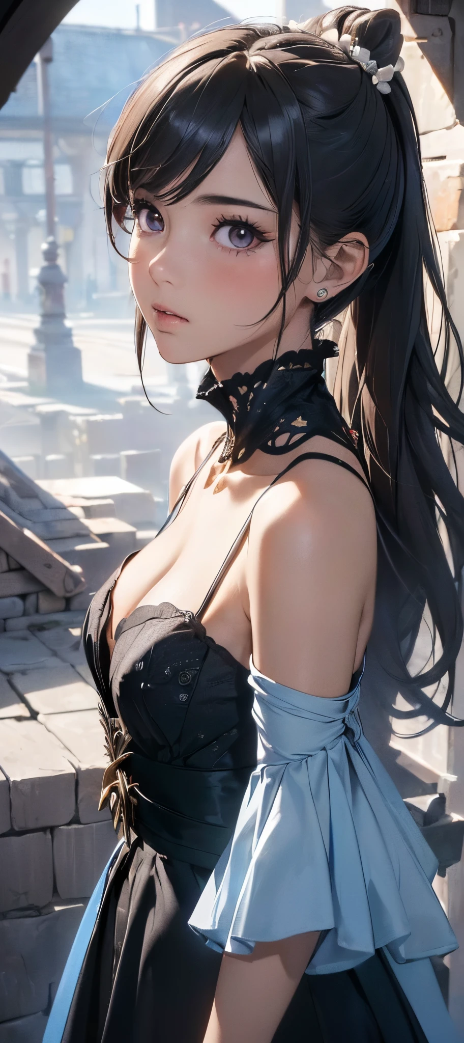 (((8k wallpaper of extremely detailed CG unit:1.2, masterpiece, hight resolution:1.2, top-quality:1.2, masterpiece))), ((a very beautiful woman, Camisole, Wearing a blouse)), ((extra detailed face, Highly detailed black eyes, extra detailed body, Top quality real texture skins)), (A dark-haired, The long-haired, de pele branca, Small:1.2, Exposed cleavage:1.2), ((Walled:1.2, Alley without people)), (high-angle:1.2, a closeup, Fisheye:1.4), hyper Realistic, digital painting,