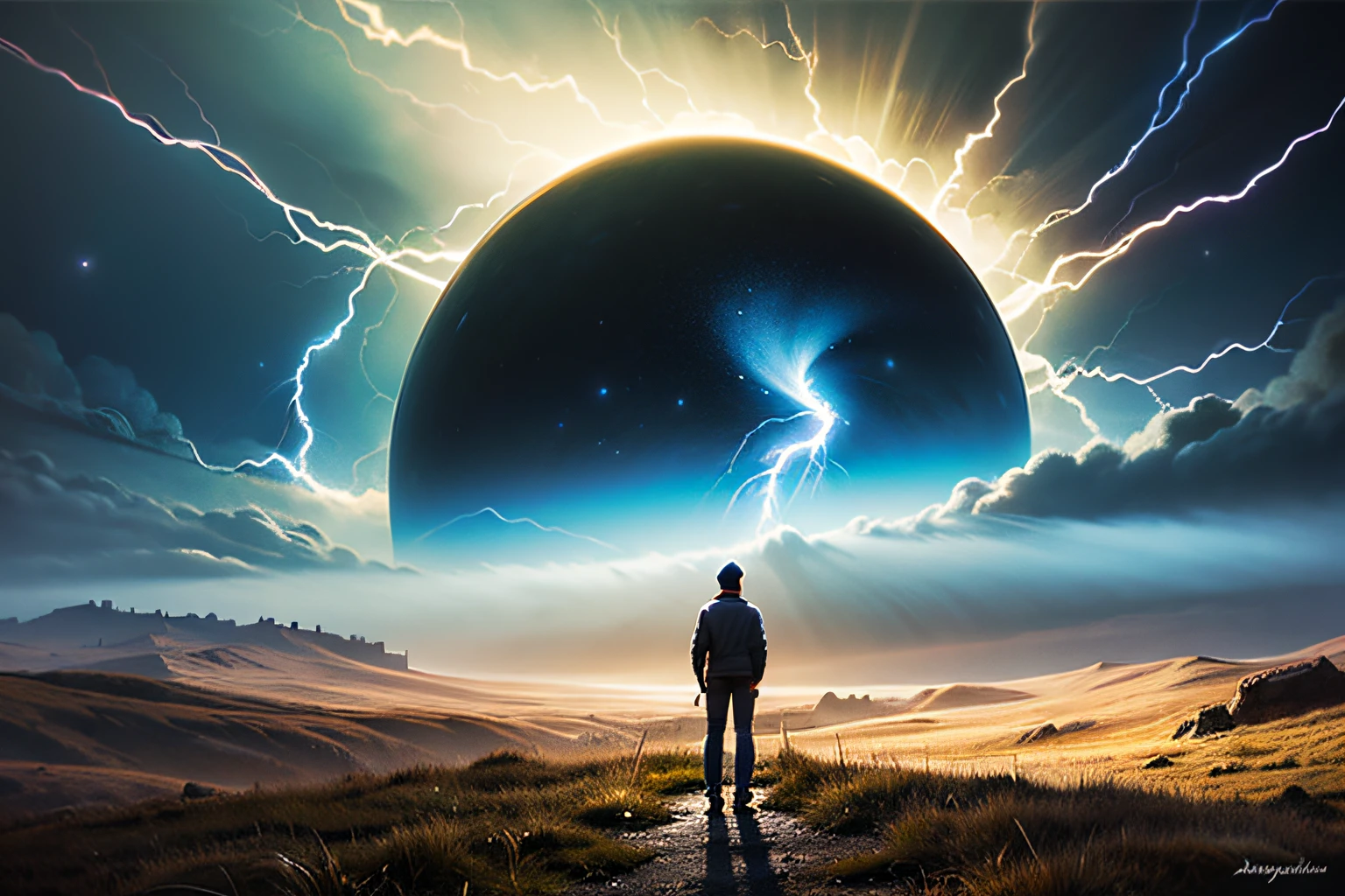 a man standing on a hill looking at a distant landscape, digital art inspired by Cyril Rolando, trending on Artstation, space art, tim hildebrandt, artgem and John Berkey masterpiece, and jeremiah ketner, realism | John Berkey, beeple and jean giraud, beeple and greg rutkowski painting of a large cloud with a a gaping black hole to space, a surrealist painting by Michael Sutfin, shutterstock contest winner, surrealism, android jones and rhads, cloud vortex, thick swirling lightning ring, surrealistic painting, surrealist landscape painting, thunder clouds modernism, surreal scene, surreal clouds, jacek yerka and vladimir kush, surreal painting, lightning , star fields, a scene from Inception.