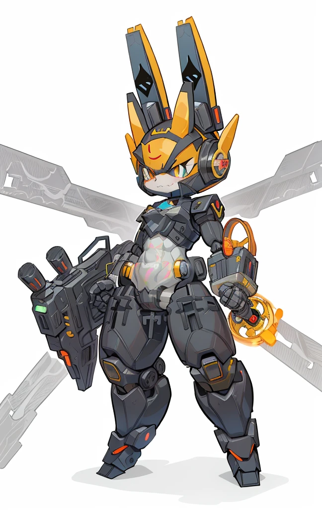 Batman transforms into a mechanical rabbit, Cartoon image of robot rabbit holding gun, Holding a huge carrot shield in his right hand