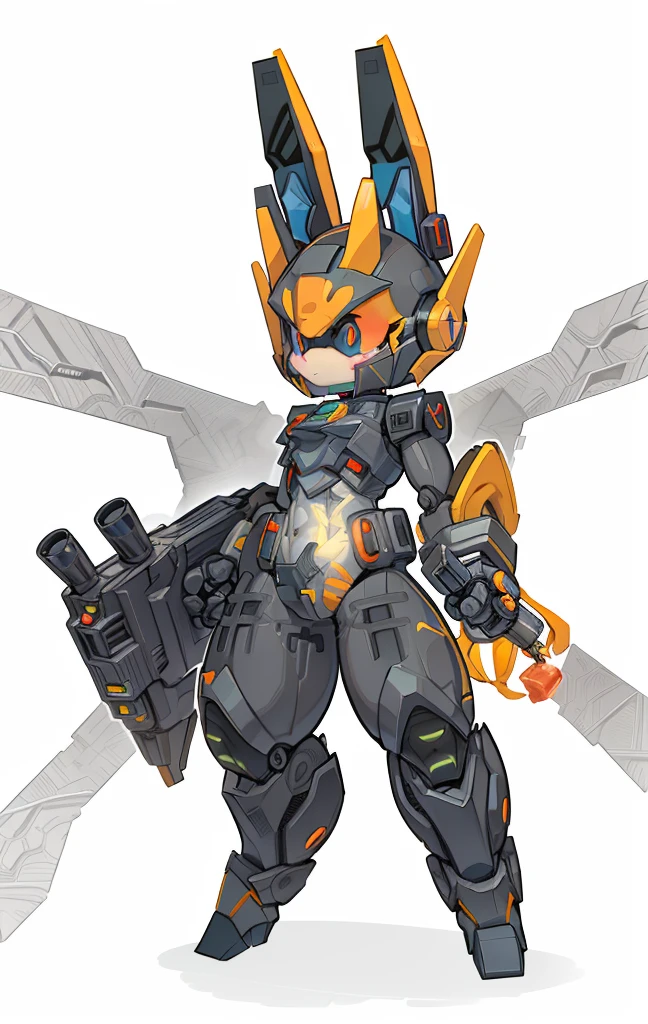 Batman transforms into a mechanical rabbit, Cartoon image of robot rabbit holding gun, Holding a huge carrot shield in his right hand