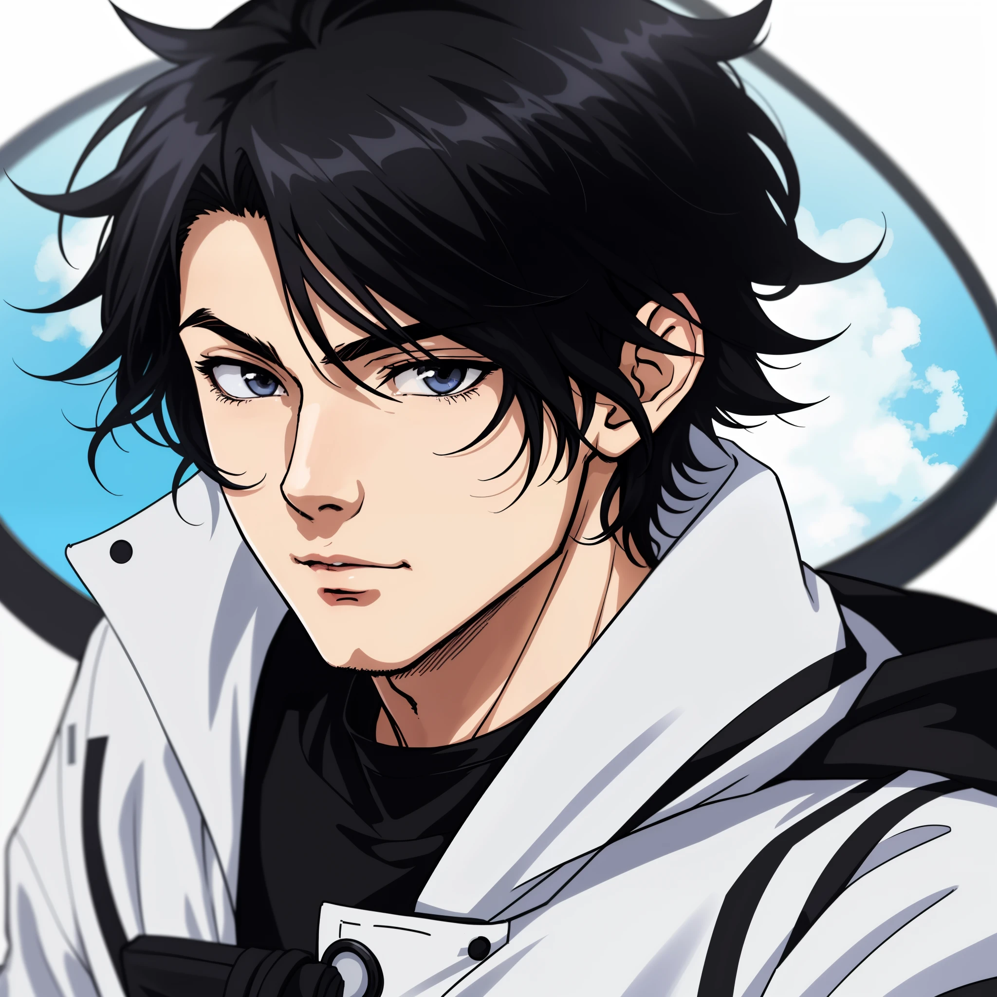man with short black hair over eyes with out and moaning anime style