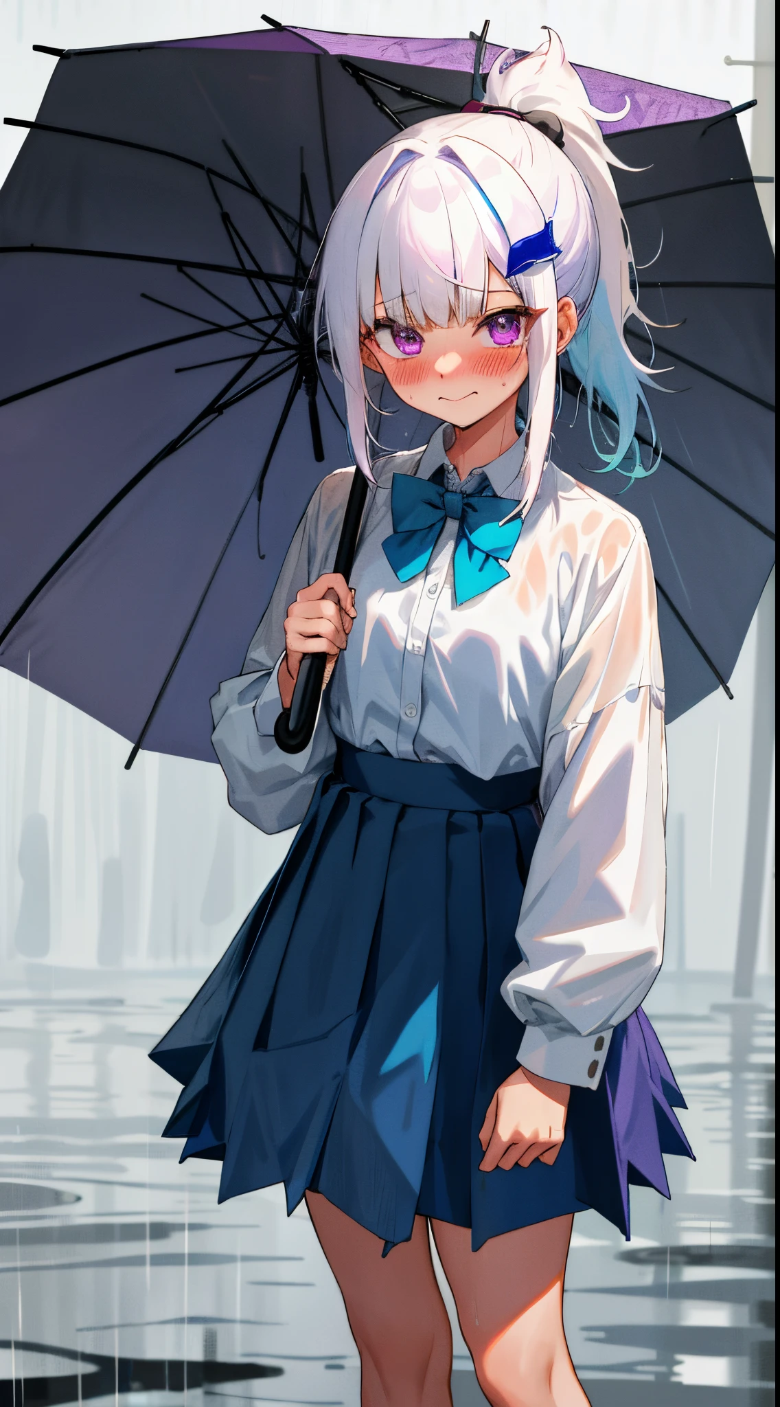 One girl with ponytail hair, bangs, white hair, blue inner hair, purple eyes, looking at viewer, blushing, embarrassed, little smile, tears, white shirts, bowtie, school girl, mini skirt, thigh, rainy atmosphere, hair ornament, wet hair, overcast, standing, holding umbrellas