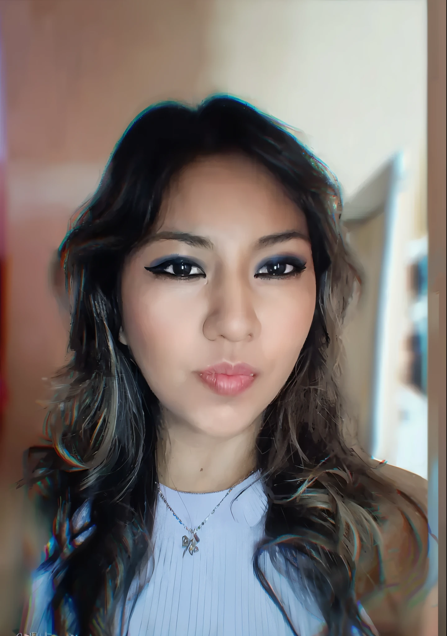 Mujer arafed con el pelo largo y una blusa azul posando para una foto, Hermosa cara latina, Hermosa mujer mexicana, Cara sexy con maquillaje completo, Impresionante primer plano, ayahausca, 8k selfie photograph, Cara hermosa, selfie de una mujer joven, alanis guillen, Primer plano de la cabeza, con maquillaje profesional, inspired by Gina Pellón