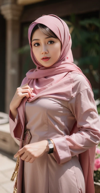 Karikatur 4D Indonesia, wanita indonesia umur 35 tahun bentuk wajah bulat,memakai hijab warna pink,baju outer warna coklat,berpose tangan sebelah kanan menempel di kepala,kepala agak miring ke sebelah kanan,menatap kamera,latar studio foto,dengan cahaya agak redup,realistis,UHD,8K,FOCUS