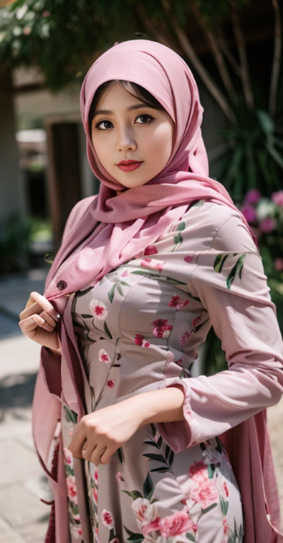 arafed woman in a floral dress and a pink scarf, hijab, inspired by Fathi Hassan, inspired by Naza, inspired by Nazmi Ziya Güran, with lovely look, inspired by Shaddy Safadi, inspired by Mym Tuma, lovely woman, background is heavenly, wearing beautiful clothes, faridah malik, traditional beauty, malaysian