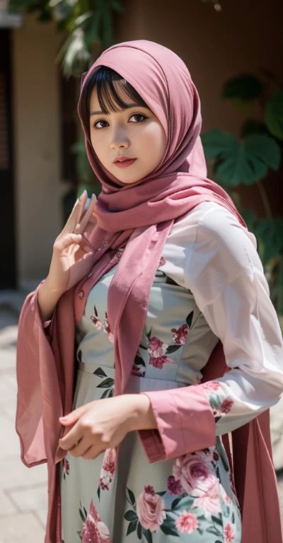 arafed woman in a floral dress and a pink scarf, hijab, inspired by Fathi Hassan, inspired by Naza, inspired by Nazmi Ziya Güran, with lovely look, inspired by Shaddy Safadi, inspired by Mym Tuma, lovely woman, background is heavenly, wearing beautiful clothes, faridah malik, traditional beauty, malaysian