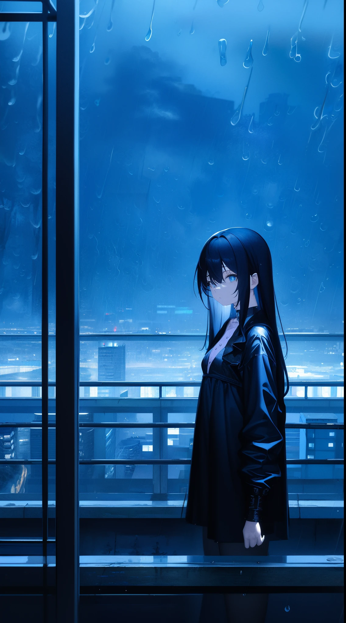 phblue, scenery, no humans, landscape, (masterpiece,best quality:1.4), blue theme, city, dusk, 1girl, rain,cowboy shot, close up,