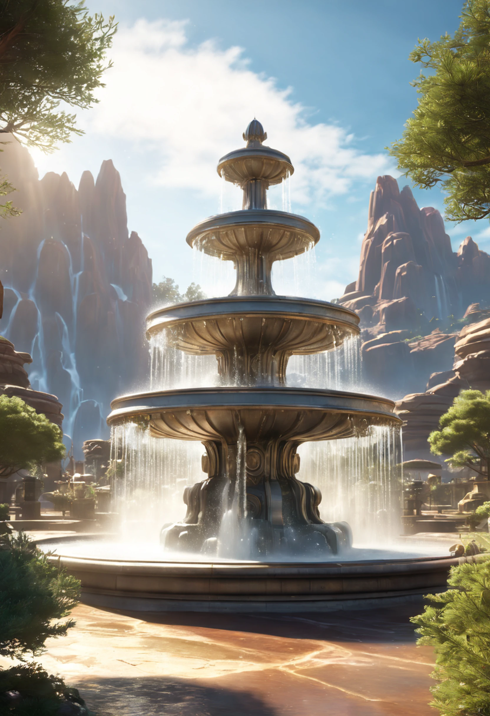 In the vast expanse of the cosmos, an intergalactic water fountain emerges as a breathtaking marvel, Full Shot of Marketplace Rebel Alliance, Water Fountain, Mountain Pine, Bible Eden garden, god rays, ray tracing, best quality, highres, 16k
