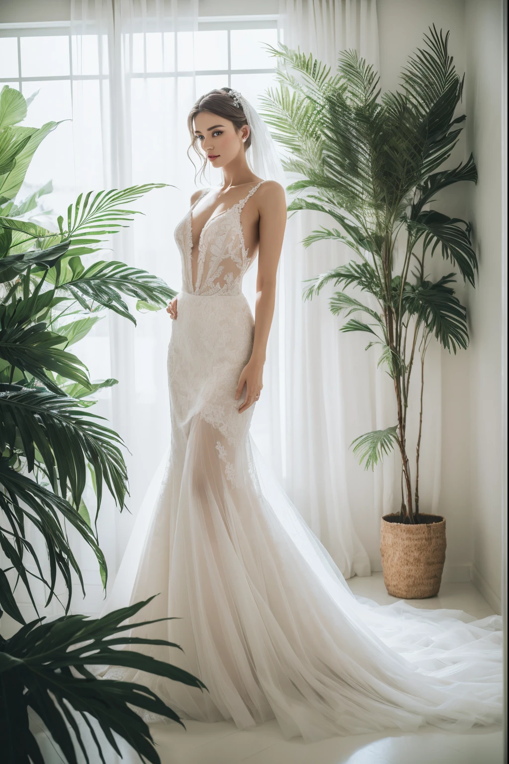 Best quality, 8k, 32k, Masterpiece, Masterpiece, (Photorealistic: 1.4), RAW photo, ultra realistic, 1girl,Fashion model, Wearing a white mermaid wedding dress, tulle fabric, full length view, pose in white room with indoor decorative palm tree, Stand upright