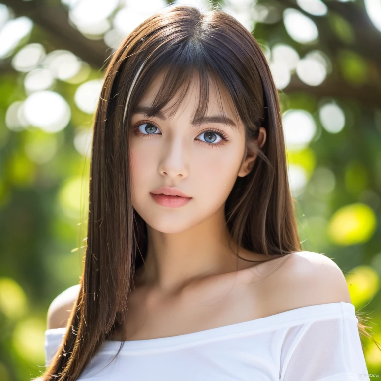 1girl in, 19, Solo, Super long straight hair, Colossal tits, Looking at Viewer, ((shiny light dark hair))、Messy bangs between beautiful eyes、de pele branca、Beautiful skin、glowy skin、Gloss Face、Teak Gloss、Bare shoulders, jewely, Full body, (Very detailed 8k wallpaper), Soft lighting, high detailing, Sharp Focus,(Natural light), (gros-plan:1.2), (Seductive), off shoulder t-shirt, Realistic, A sexy、beautiful big white and pale blue eyes、eye liner、