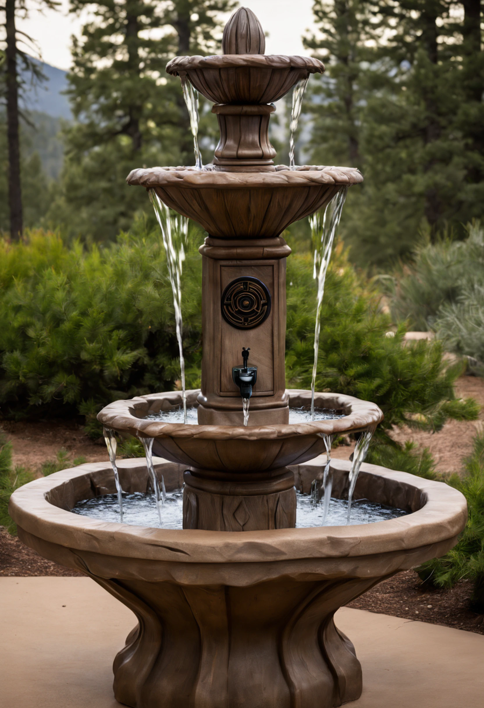 best quality, Full Shot of Marketplace Rebel Alliance,Water Fountain,Mountain Pine,