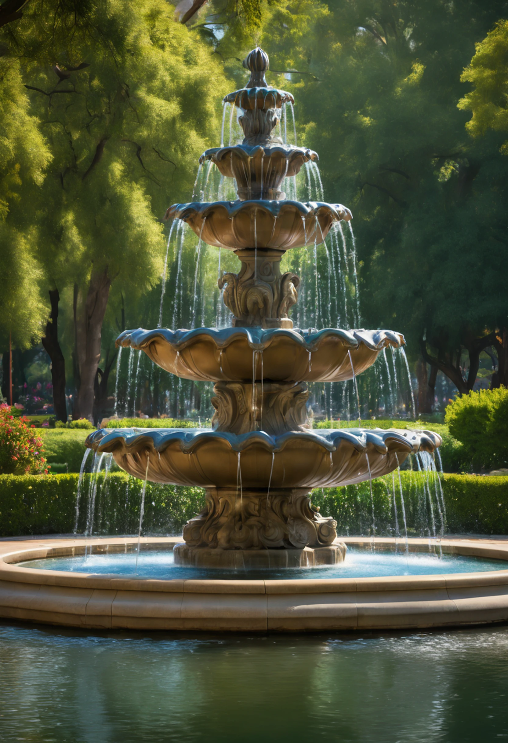 In a tranquil park, a majestic water fountain stands as a symbol of elegance and serenity. Its cascading waters create a mesmerizing display, reflecting the sunlight in a dazzling array of colors. The dynamic structure is evident as the fountain interacts with the surrounding environment, creating a visually captivating and soothing scene that evokes a sense of peace and natural beauty.