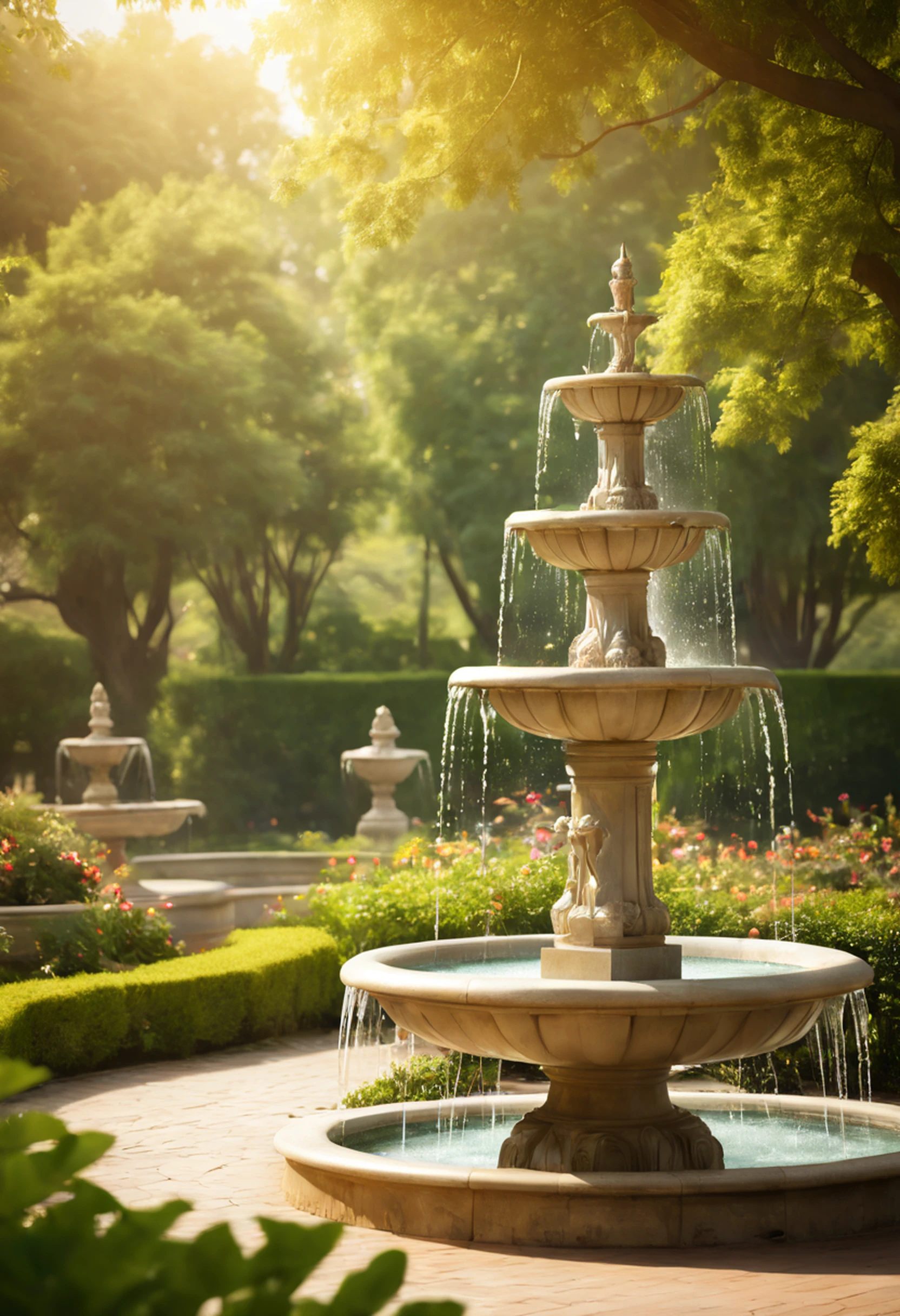 In a tranquil park, a majestic water fountain stands as a symbol of elegance and serenity. Its cascading waters create a mesmerizing display, reflecting the sunlight in a dazzling array of colors. The dynamic structure is evident as the fountain interacts with the surrounding environment, creating a visually captivating and soothing scene that evokes a sense of peace and natural beauty.